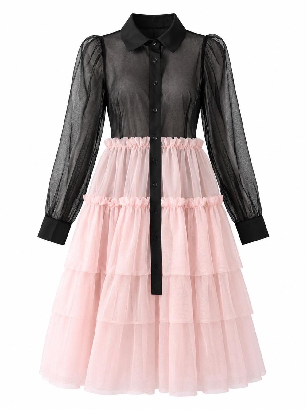 Black Sheer Long-Sleeve Bodice with Pink Tiered Tulle Skirt Dress